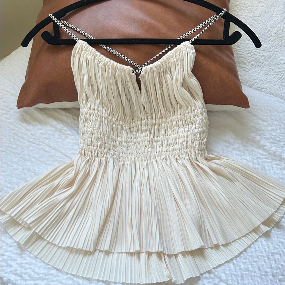 Urban Outfitters Cream Pleated Top with Chain Straps